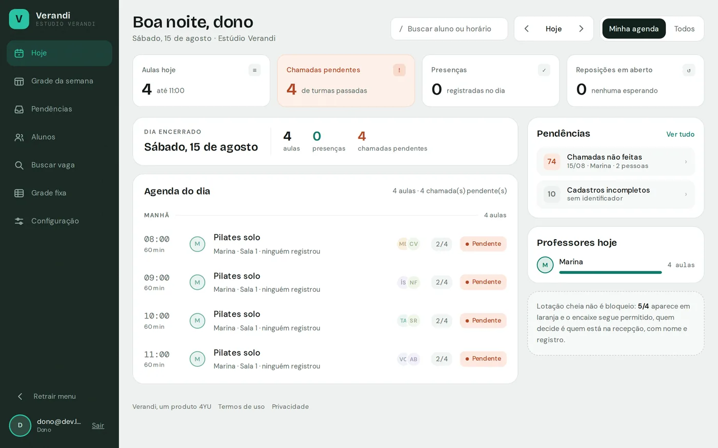Tela Hoje: agenda do dia com quatro aulas, chamadas pendentes em destaque e o painel de pendências ao lado.