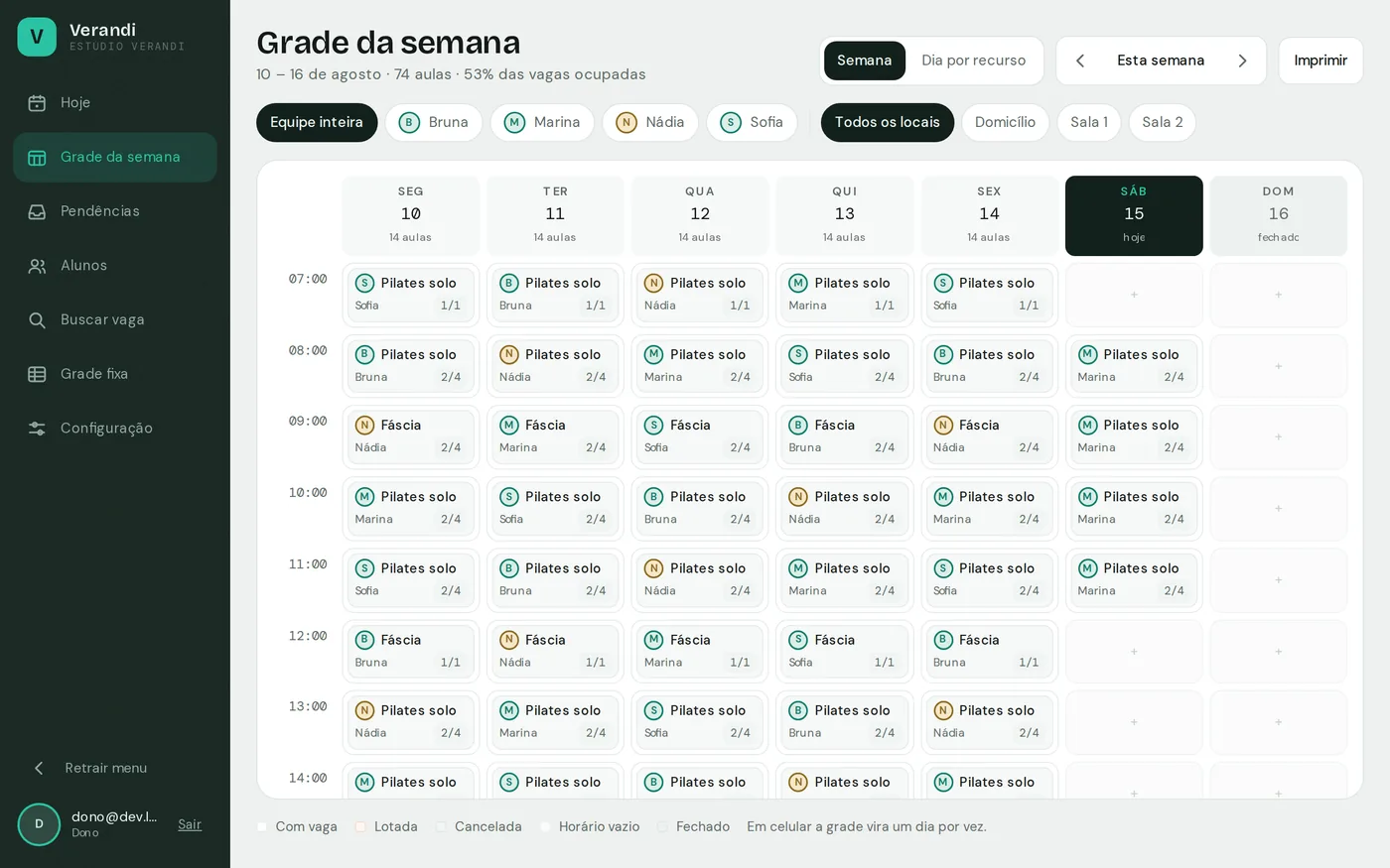 Grade da semana: colunas por dia, com as aulas, a ocupação de cada uma e o profissional responsável.
